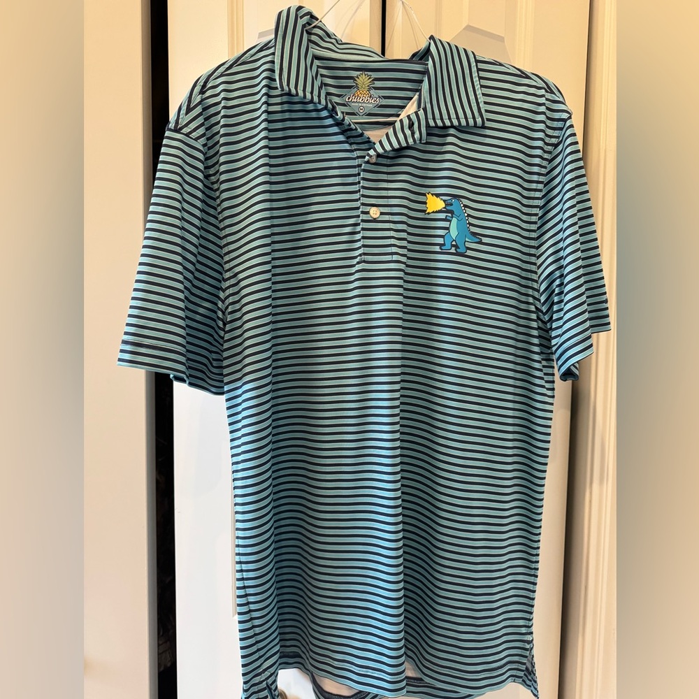 Striped polo with dinosaur logo